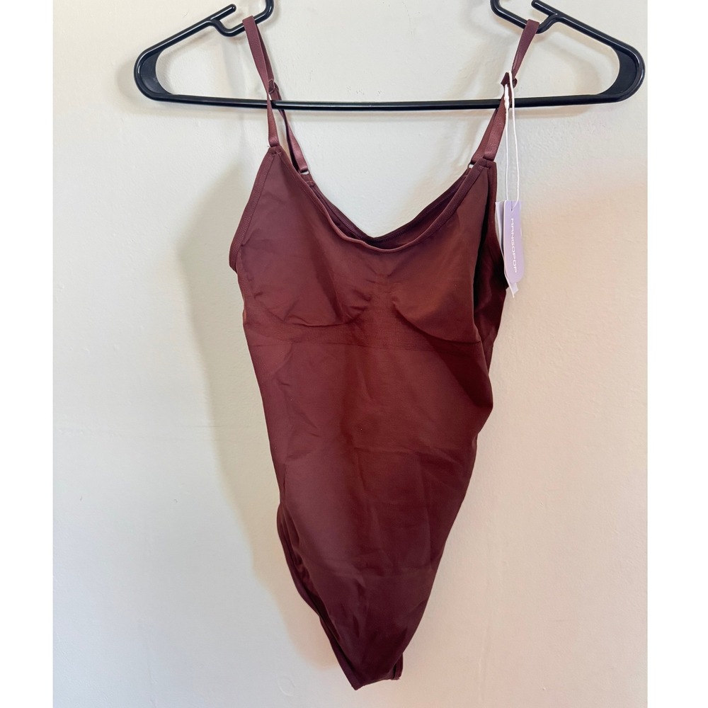 Mangopop Seamless Bodysuit Brown V-Neck Adjustable Straps Thong Snap Large NWT